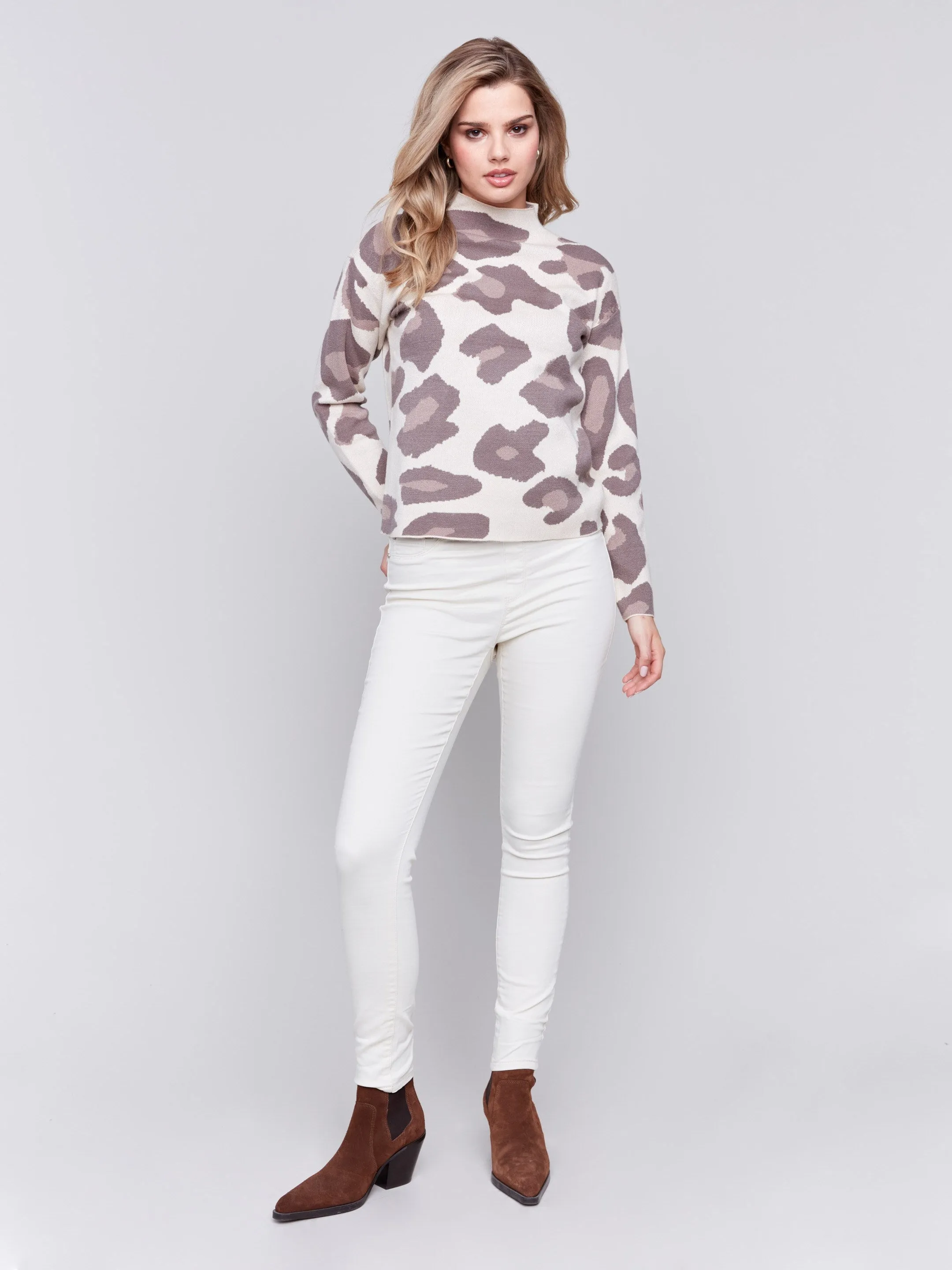 Animal Print Jacquard Mock Neck Sweater - Almond - H-Almond