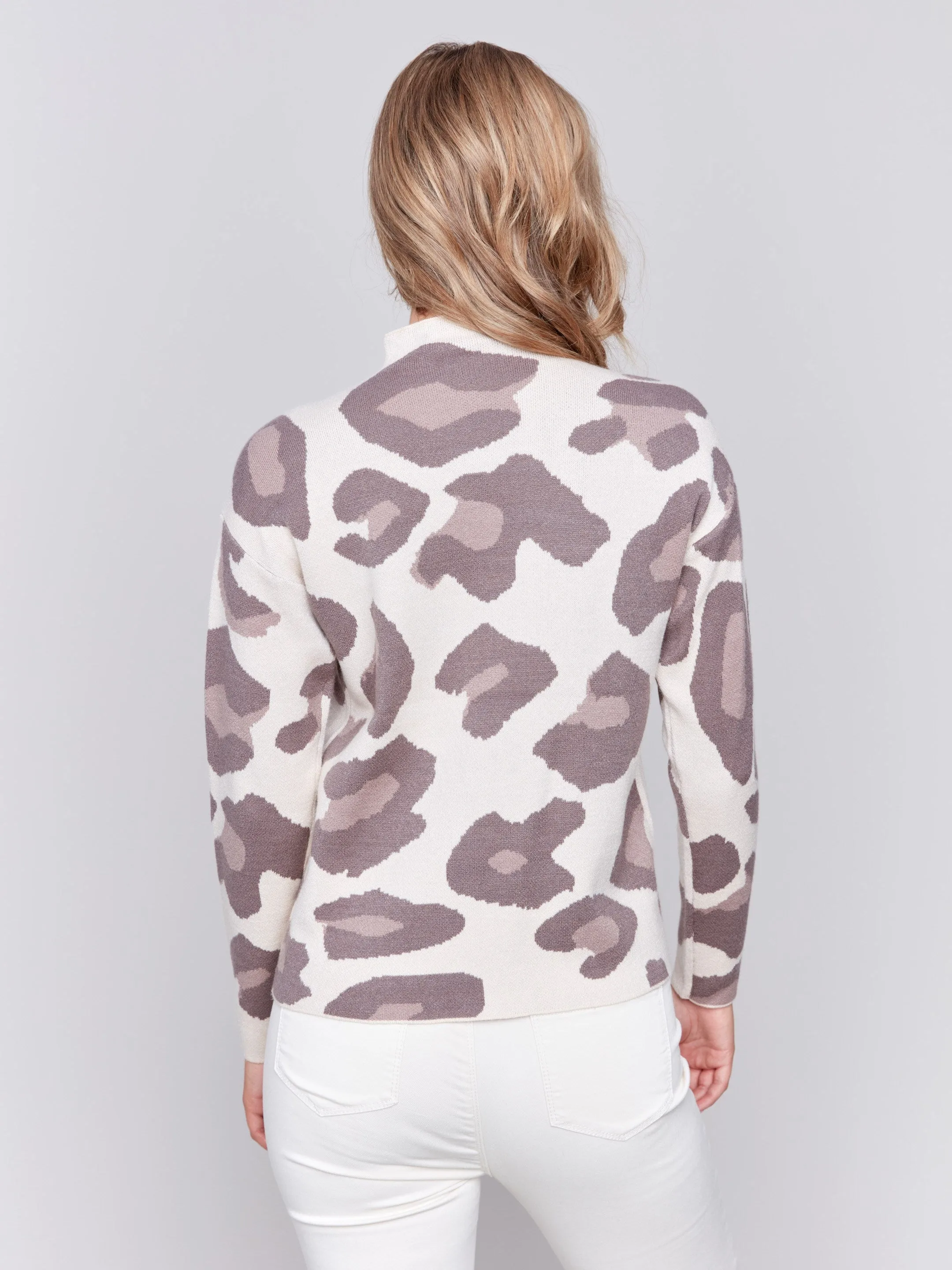 Animal Print Jacquard Mock Neck Sweater - Almond - H-Almond