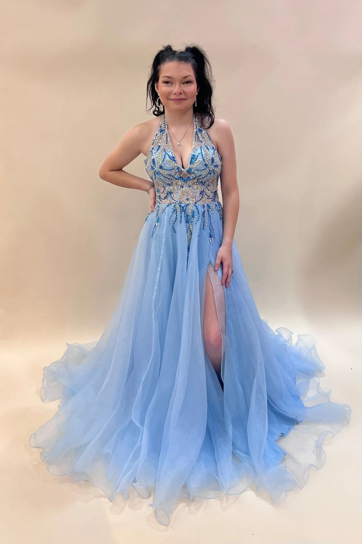 Beaded Organza Halter A-line Slit Gown by Jovani 25964