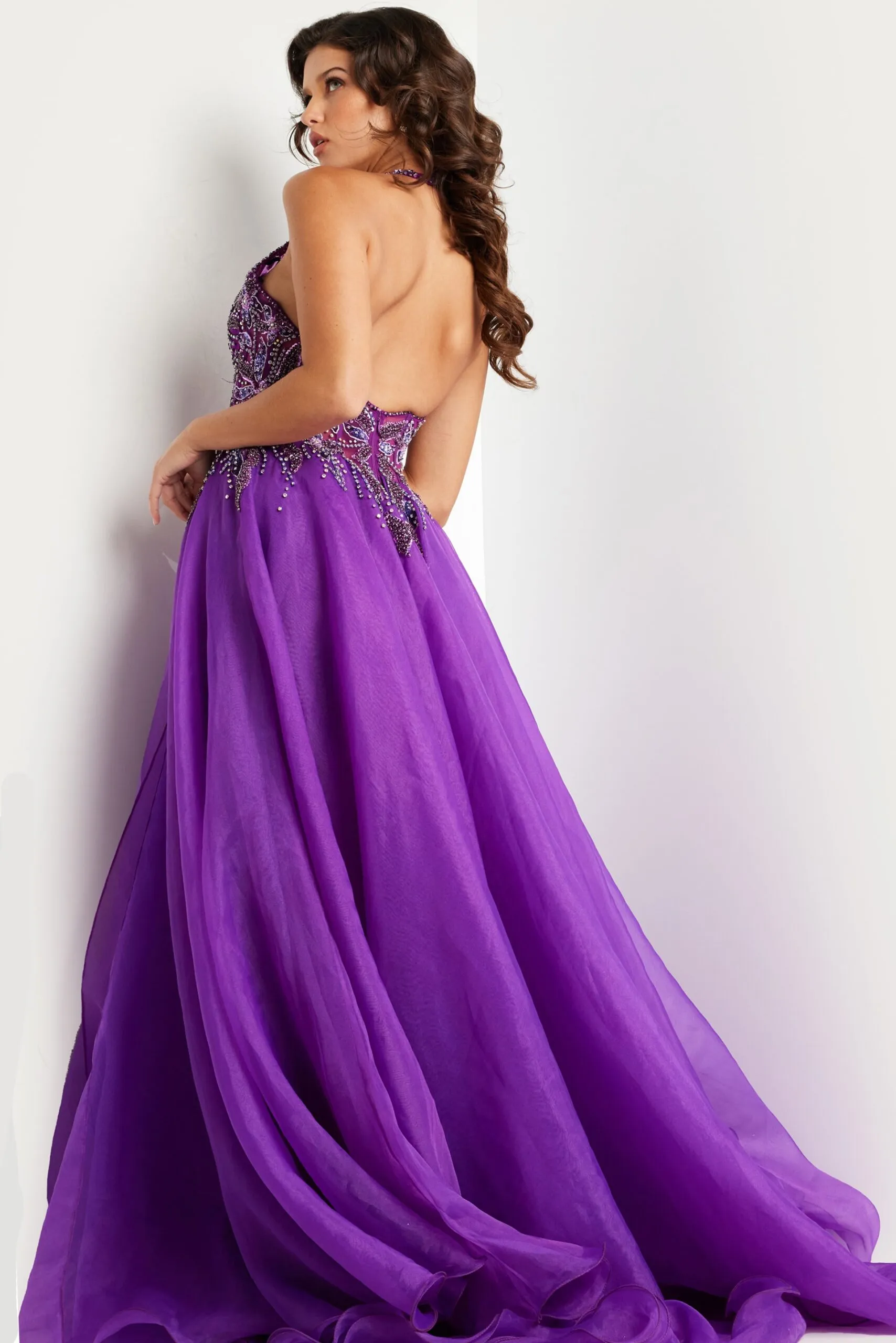 Beaded Organza Halter A-line Slit Gown by Jovani 25964