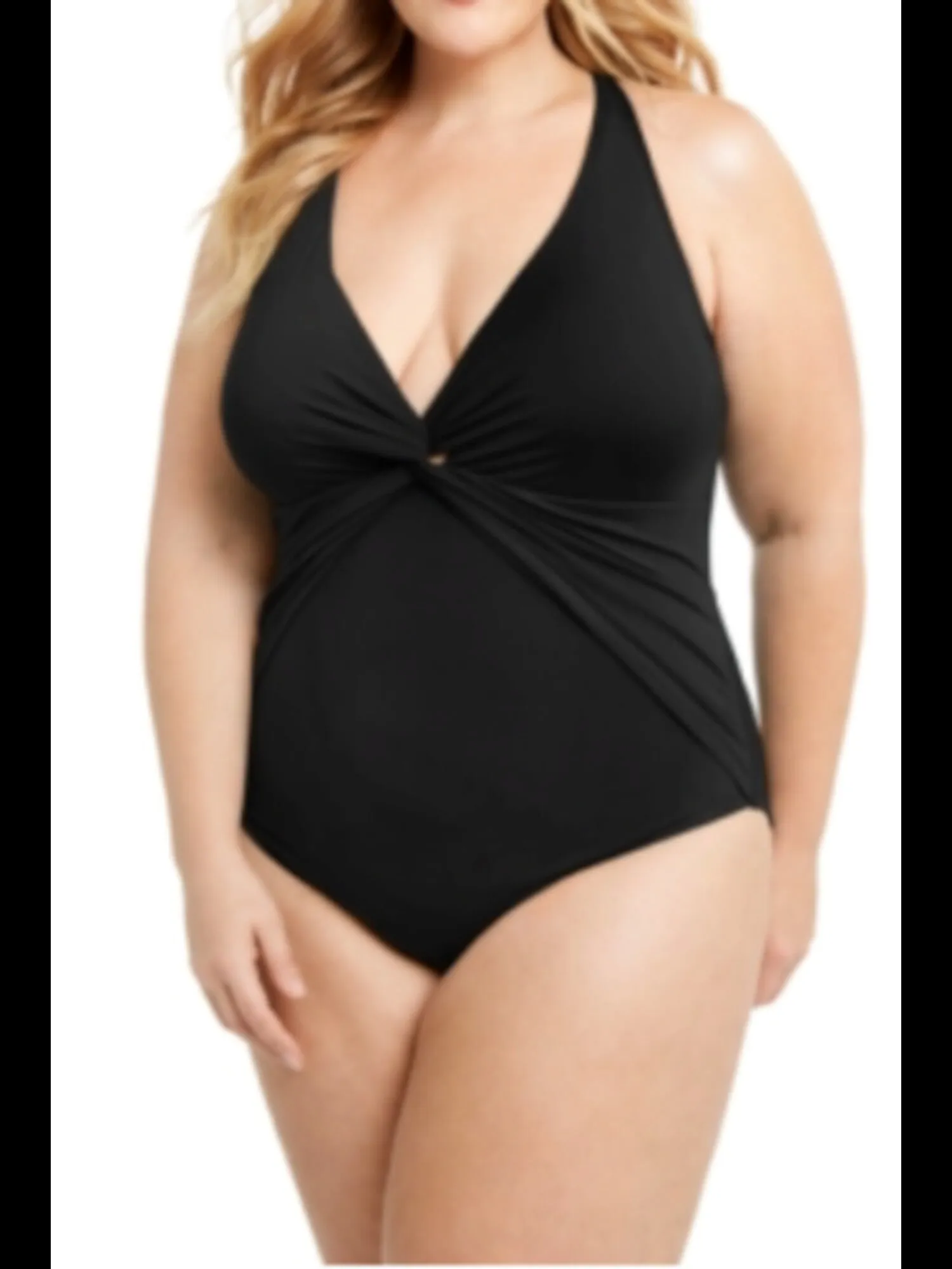 BLEU Women's Black Stretch Twist Front  Lined Deep V Neck Full Coverage Twist & Shout Halter One Piece Swimsuit