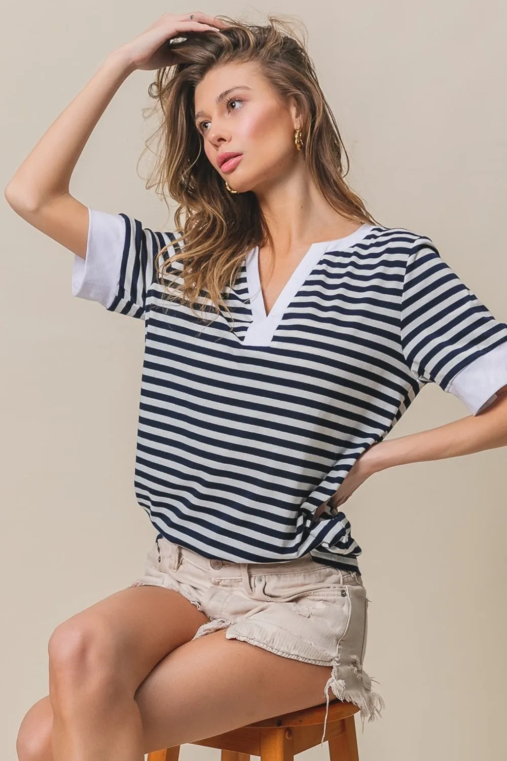 Blue Zone Planet |  BiBi Contrast Striped Notched Knit Top