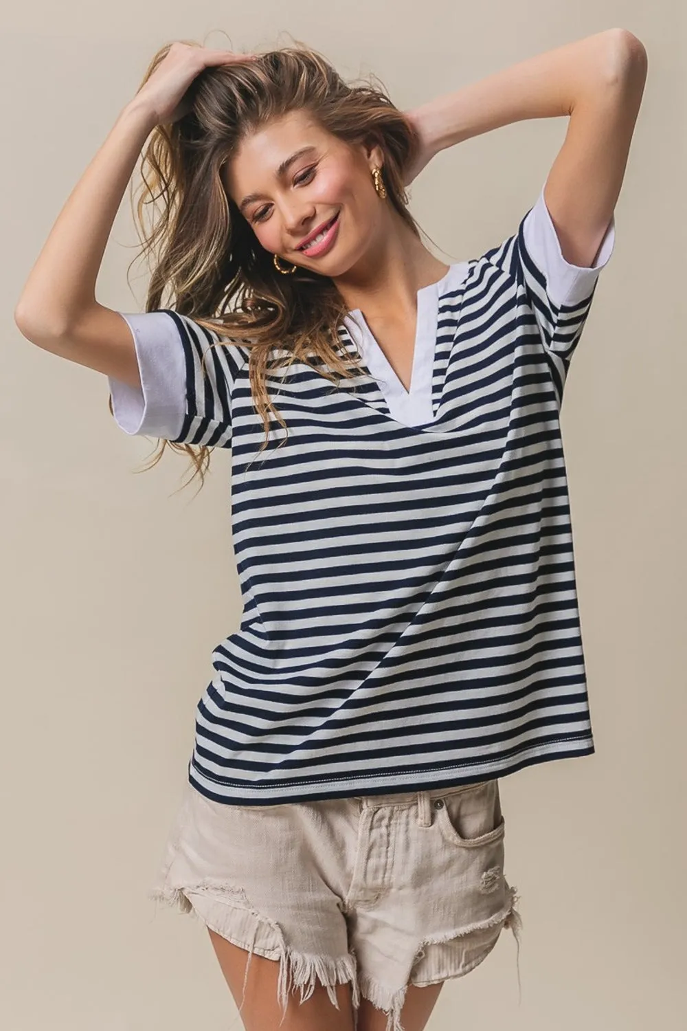 Blue Zone Planet |  BiBi Contrast Striped Notched Knit Top