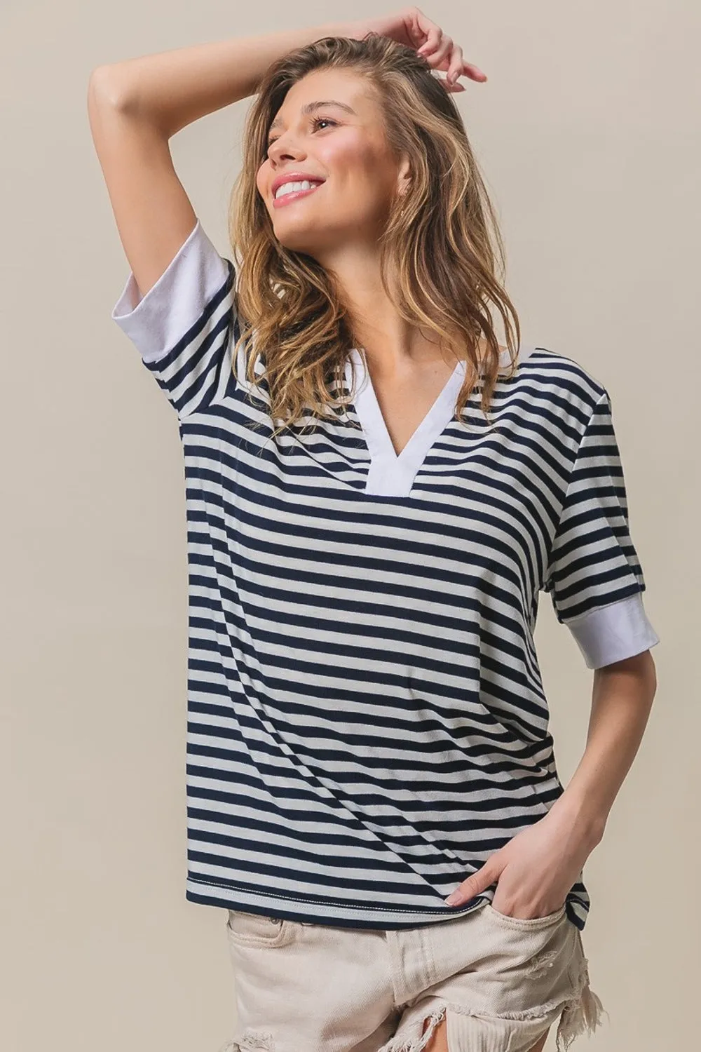 Blue Zone Planet |  BiBi Contrast Striped Notched Knit Top