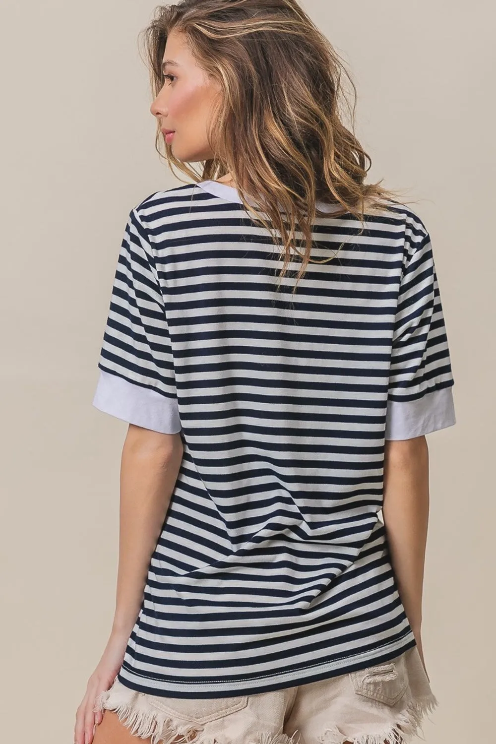 Blue Zone Planet |  BiBi Contrast Striped Notched Knit Top