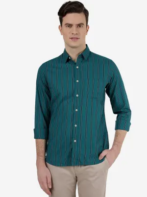 Bottle Green Striped Slim Fit Casual Shirt | JadeBlue