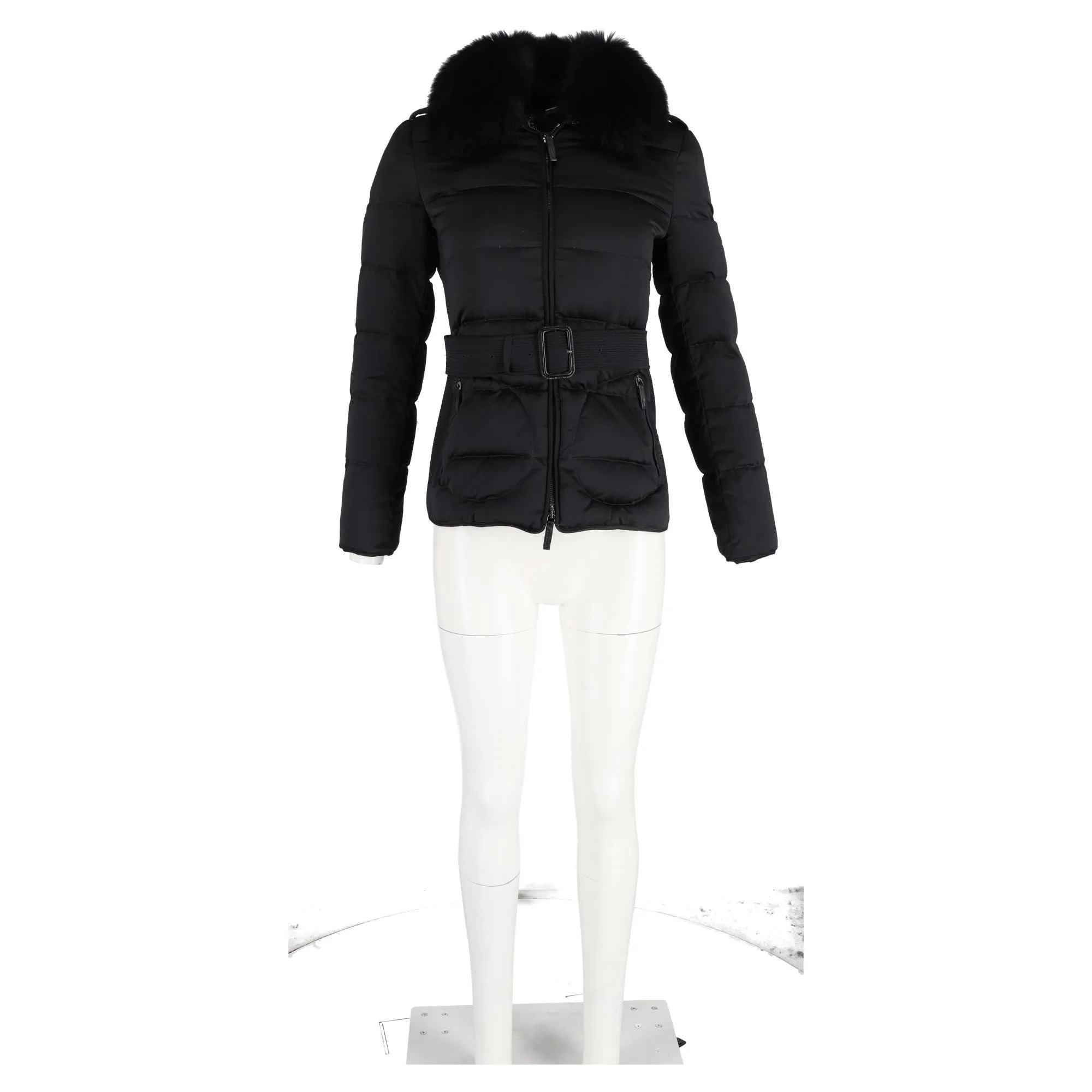 Burberry Fur Trim Quilted Down Jacket In Black Polyester