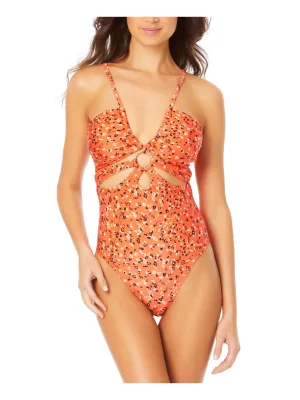 CALIFORNIA SUNSHINE Women's Coral Printed Stretch Ring Removable Cups Lined Deep V Neck Moderate Coverage One Piece Swimsuit