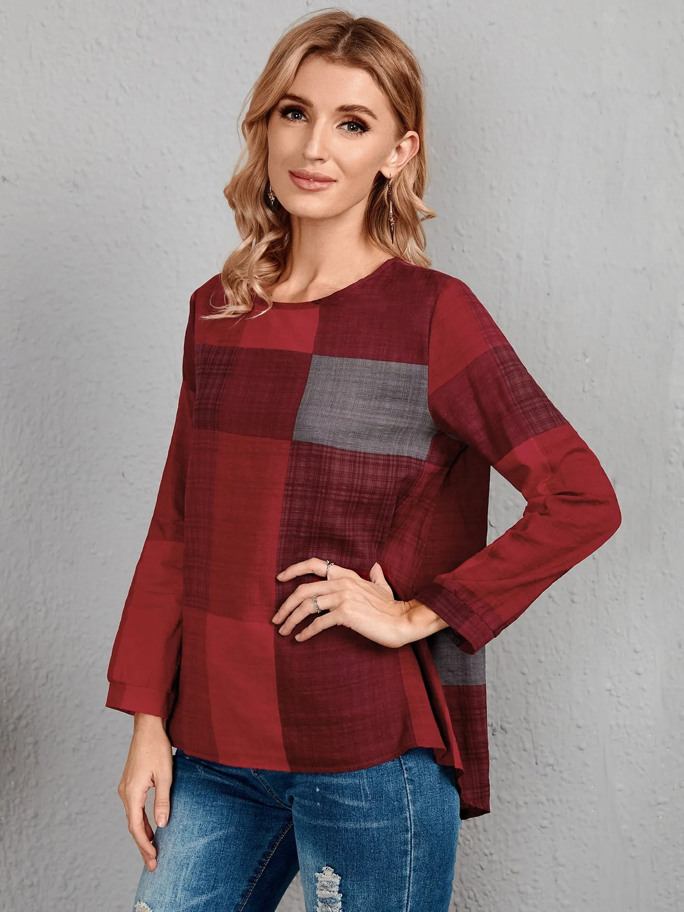 Casual Plaid Long Sleeve Scoop Neck Regular Blouse