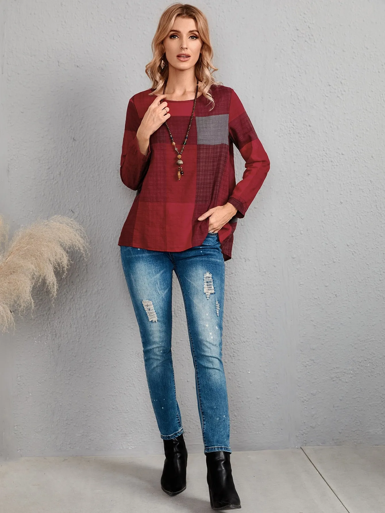 Casual Plaid Long Sleeve Scoop Neck Regular Blouse