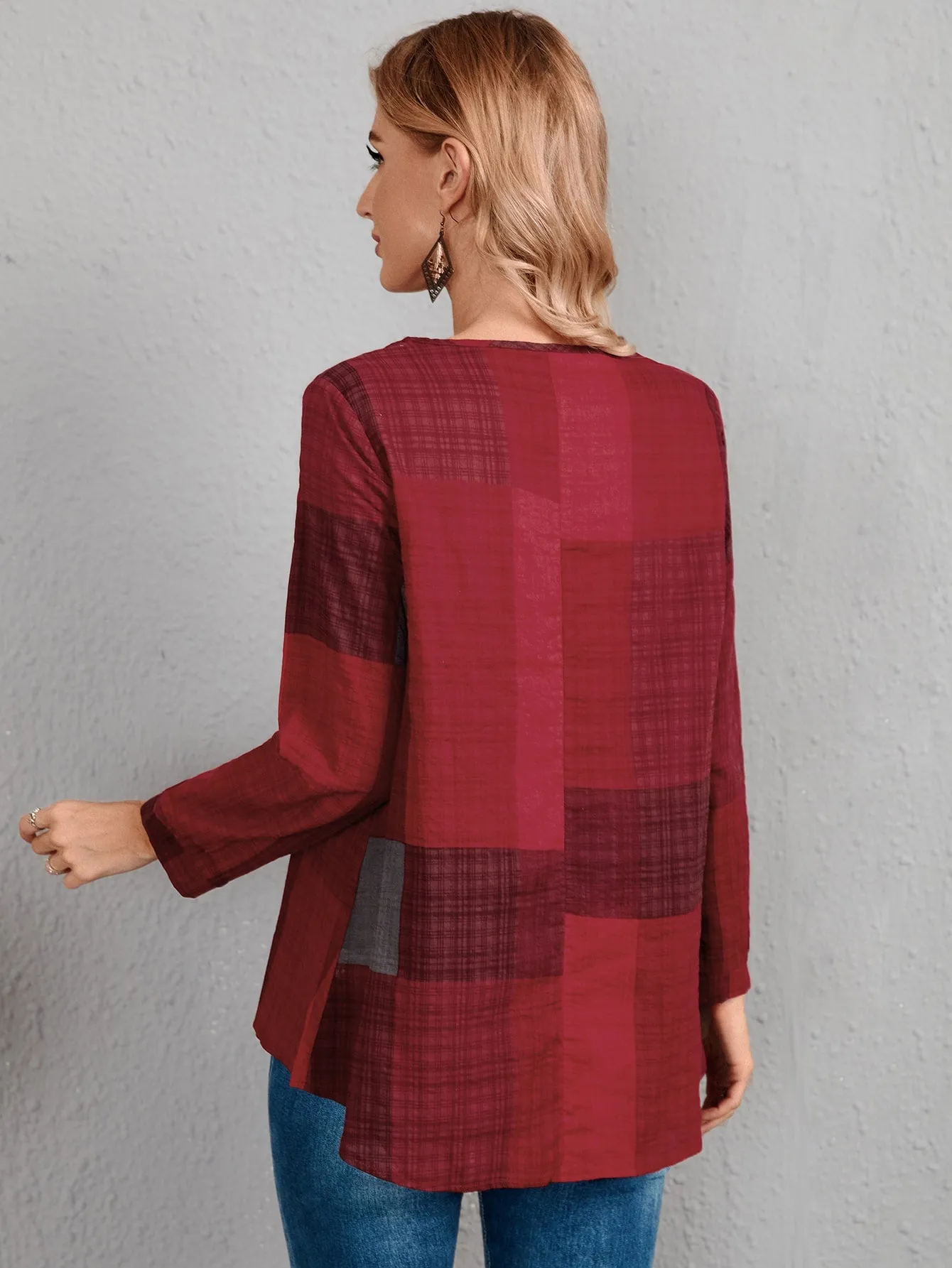 Casual Plaid Long Sleeve Scoop Neck Regular Blouse