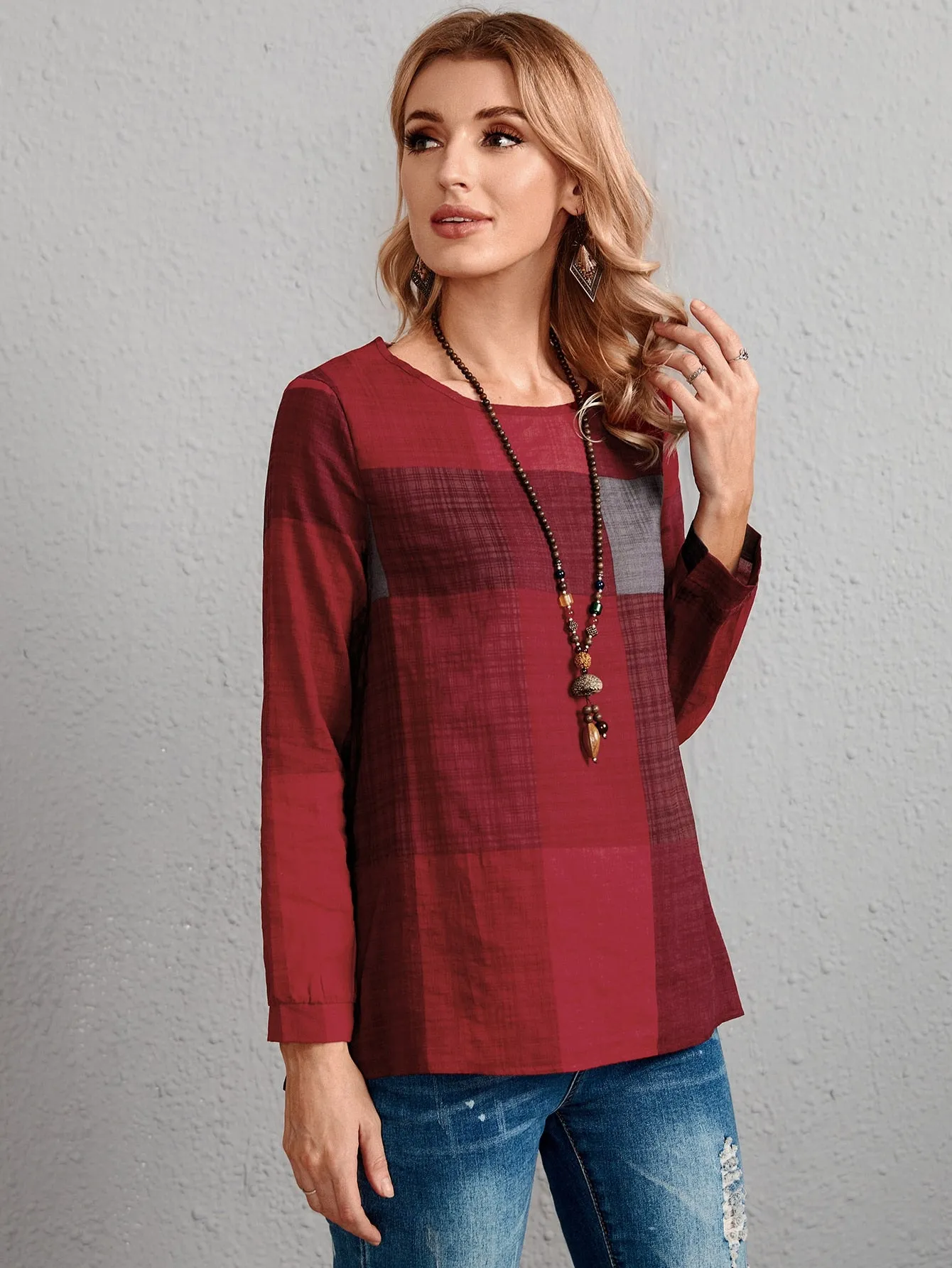 Casual Plaid Long Sleeve Scoop Neck Regular Blouse