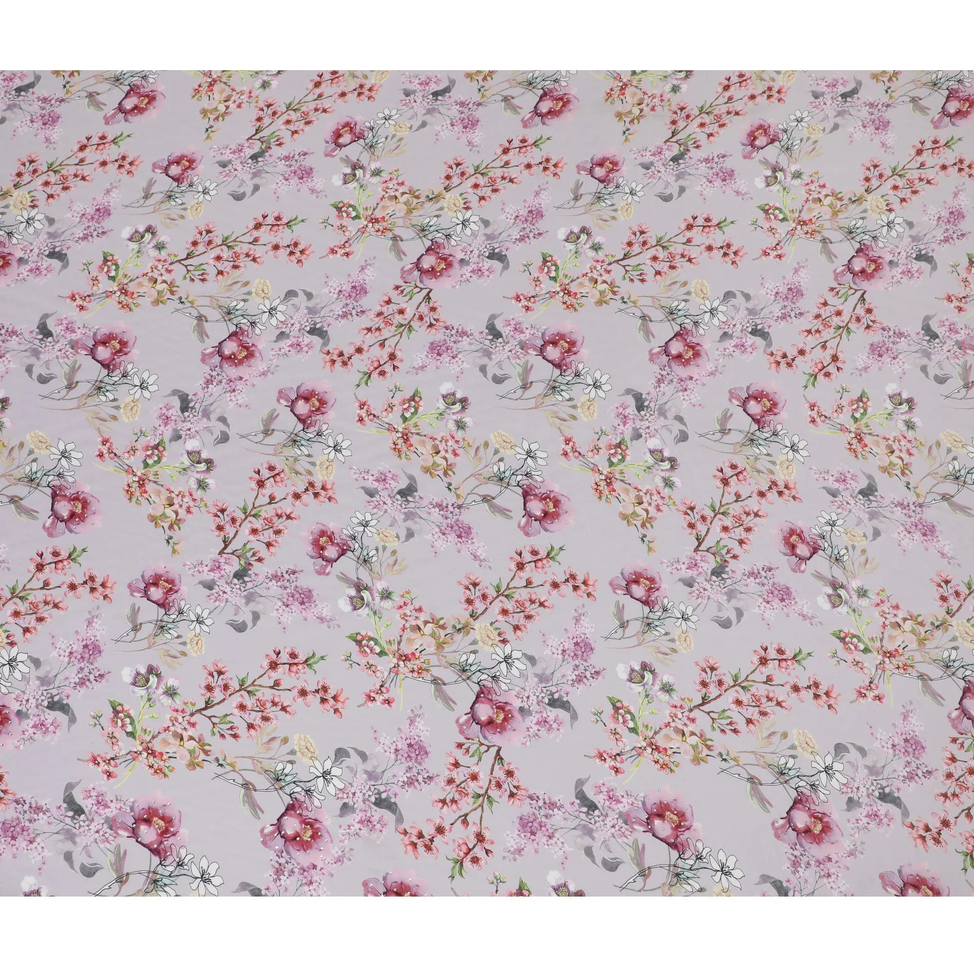 Delicate Blush Crepe Fabric with Vibrant Floral Print and Stone Accents, 110 cm Width - Imported from India-D20254