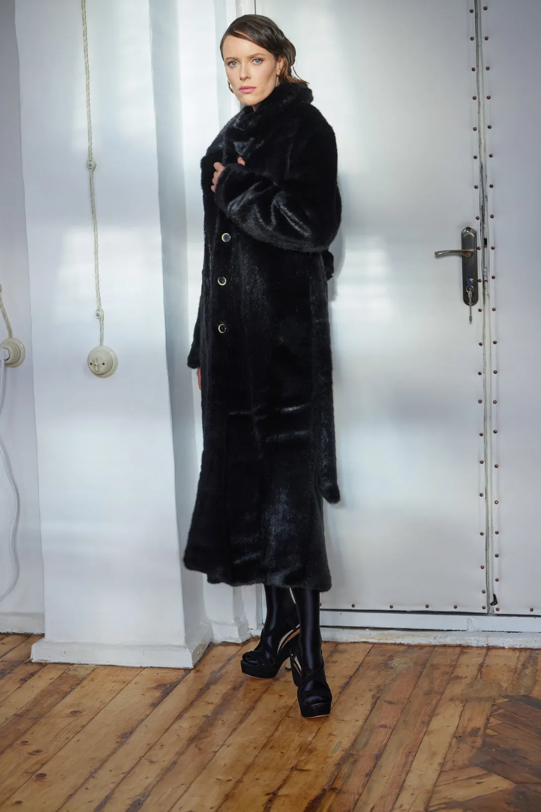 Demi-Season Solid Faux Fur Coat Black