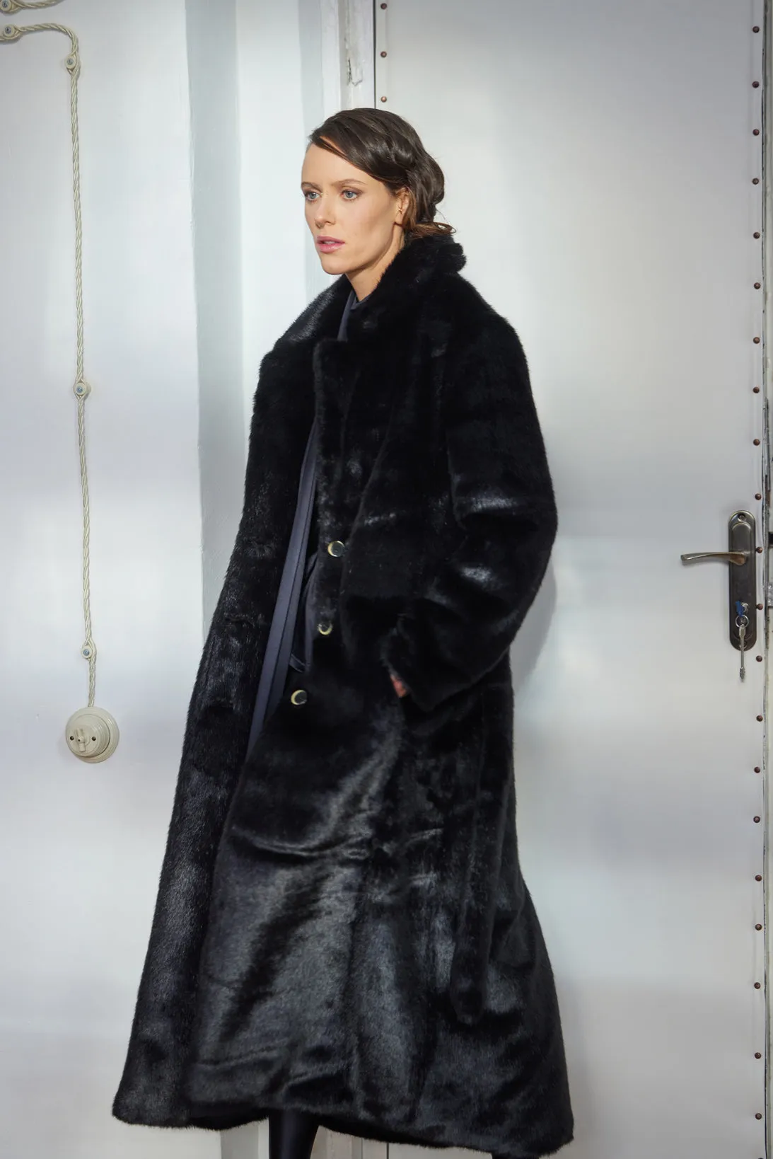 Demi-Season Solid Faux Fur Coat Black