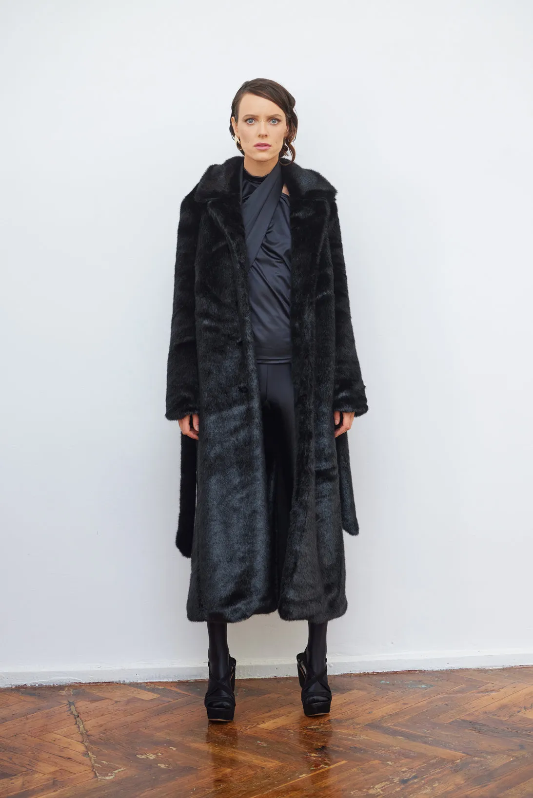 Demi-Season Solid Faux Fur Coat Black