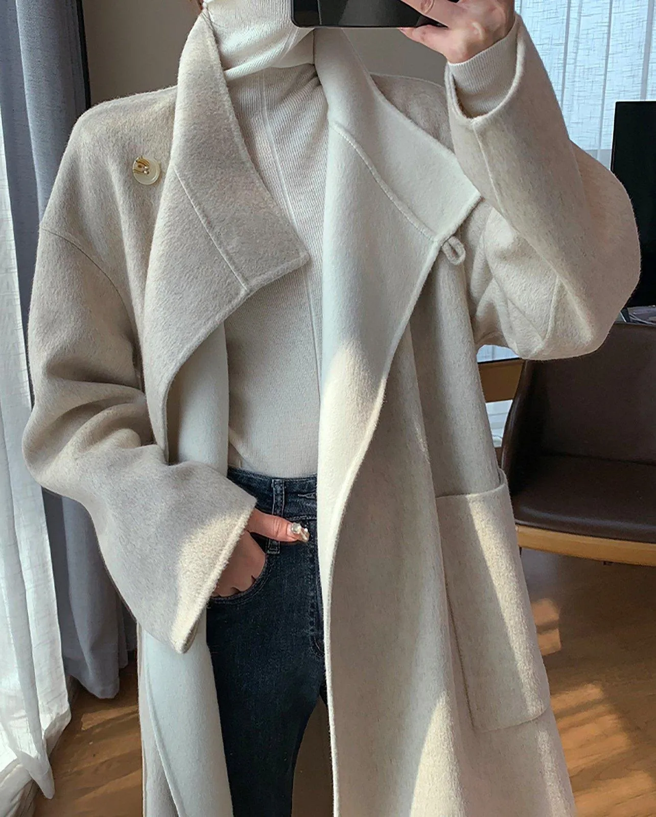 Double Face Wool Wrap Belted Long Coat