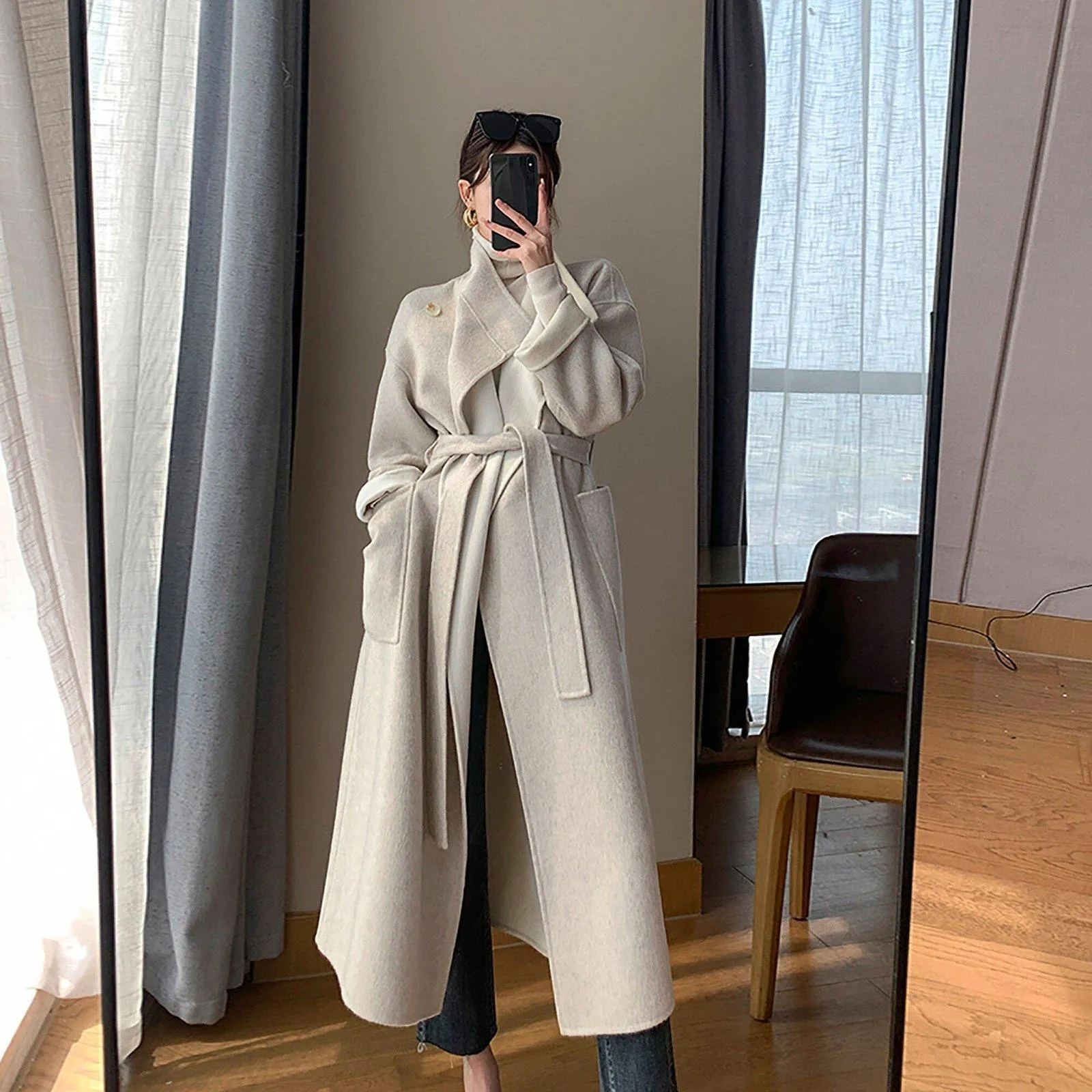 Double Face Wool Wrap Belted Long Coat