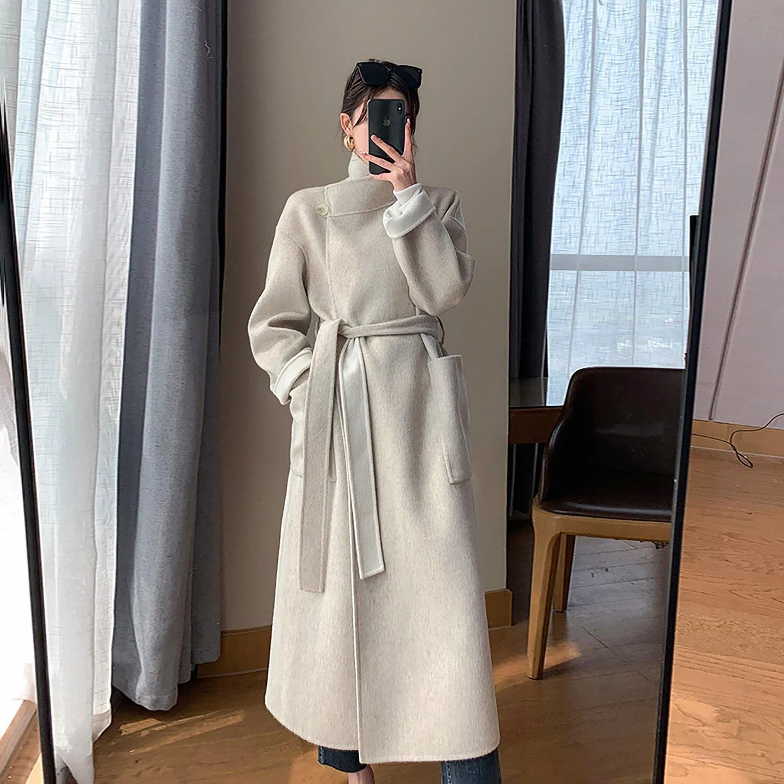 Double Face Wool Wrap Belted Long Coat