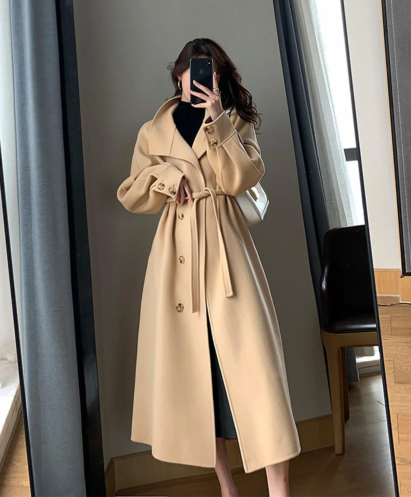 Double Face Wool Wrap Belted Long Coat