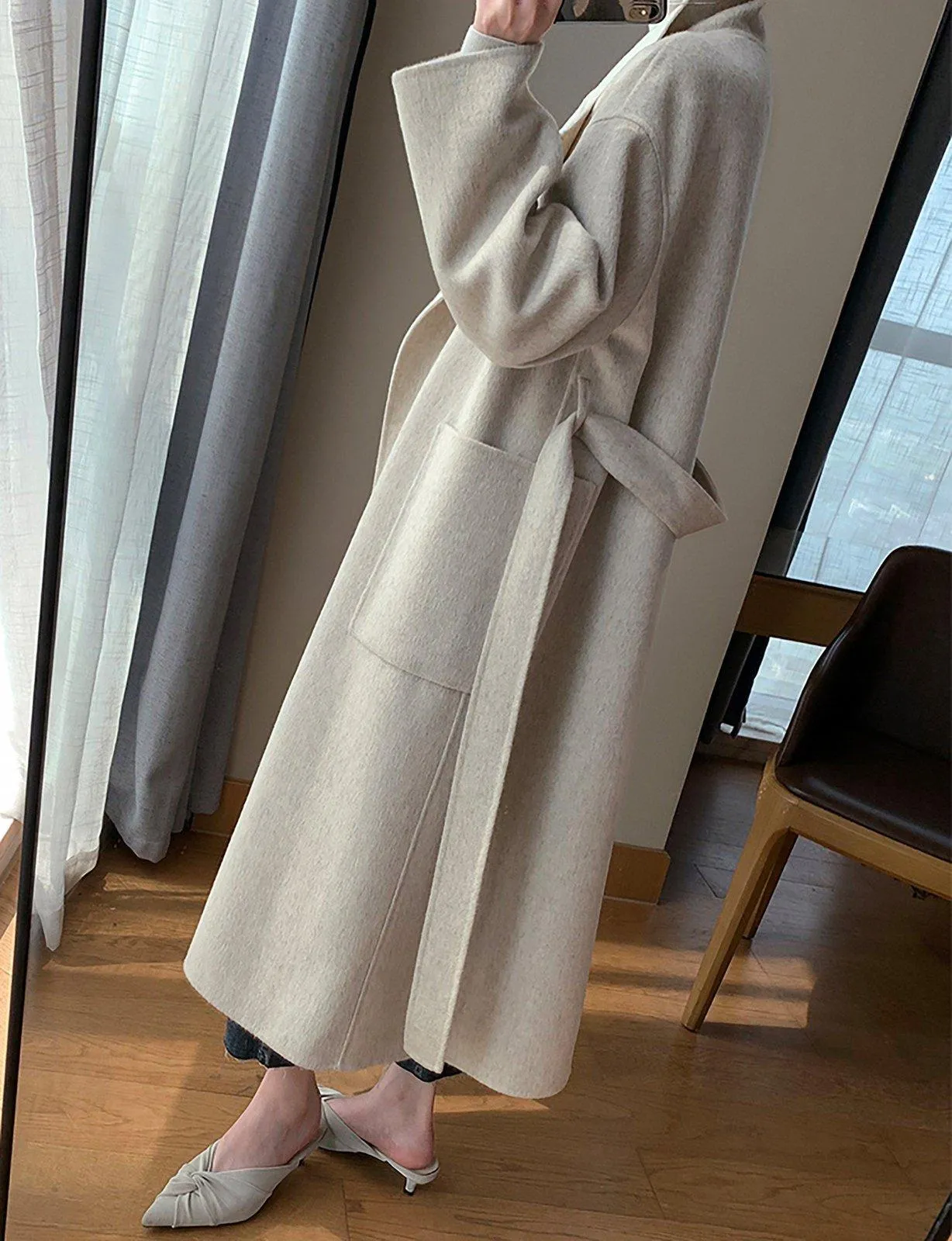 Double Face Wool Wrap Belted Long Coat