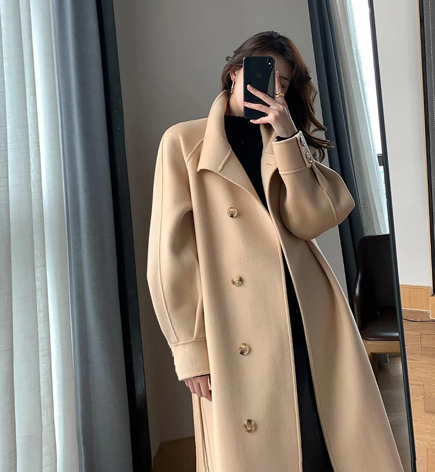 Double Face Wool Wrap Belted Long Coat