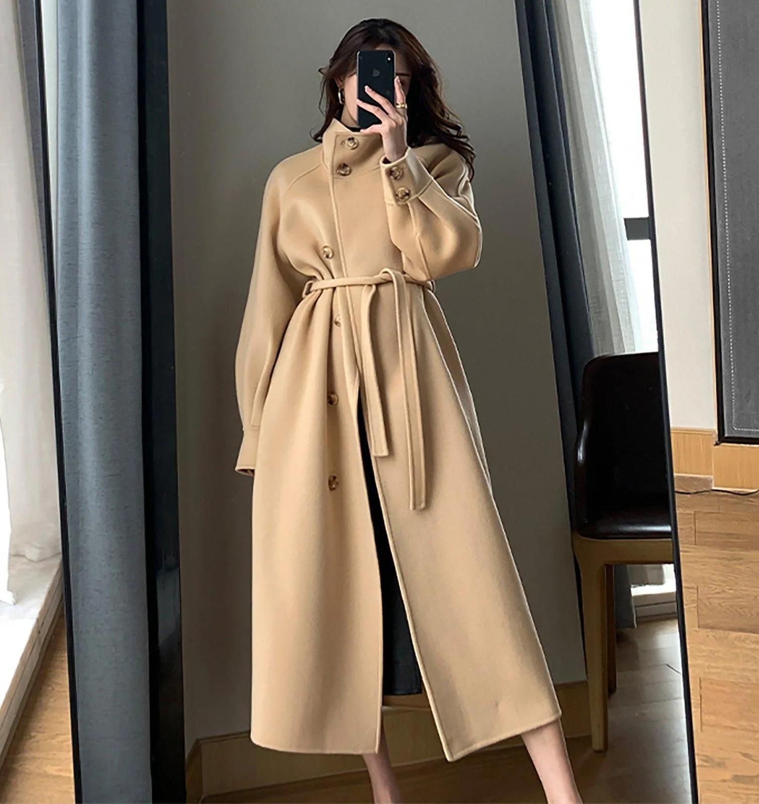 Double Face Wool Wrap Belted Long Coat