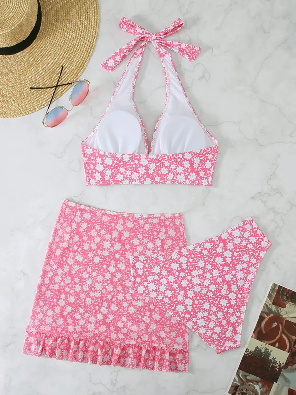 Floral Triangle Bikini Top, Ruffle Skirt, and Bikini Bottoms