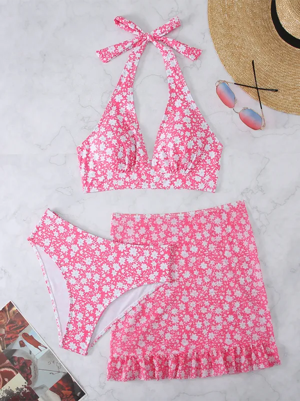 Floral Triangle Bikini Top, Ruffle Skirt, and Bikini Bottoms