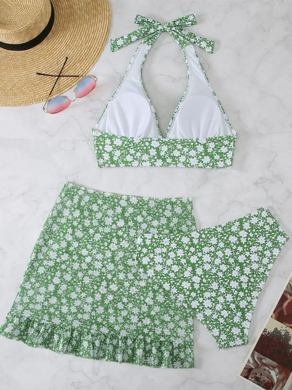 Floral Triangle Bikini Top, Ruffle Skirt, and Bikini Bottoms