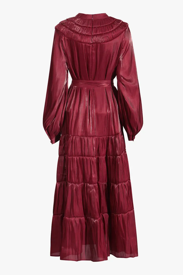 Glossy Bow Tie Ruched Balloon Sleeve Belted Shirred Cocktail Midi Dress