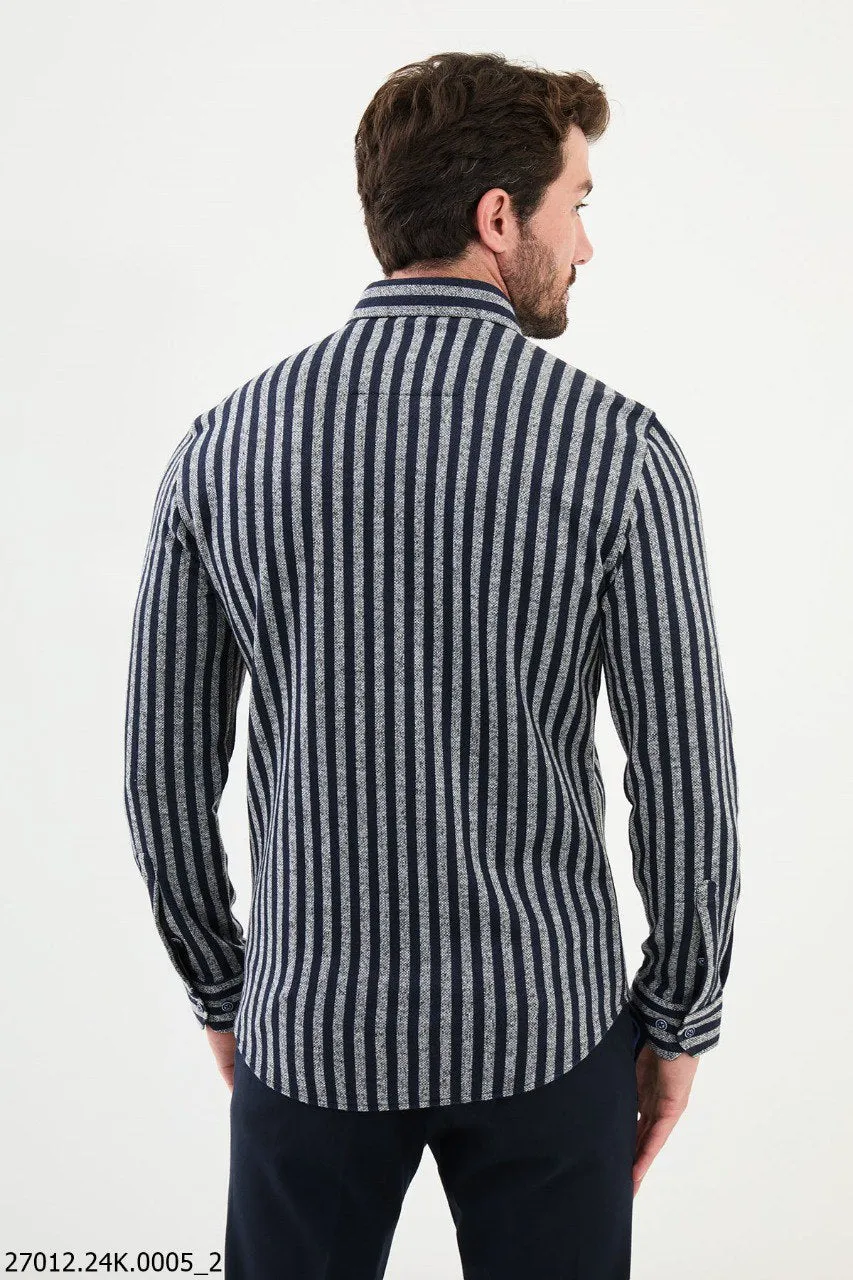 Gray - Navy Blue Striped Men's Casual Shirt.