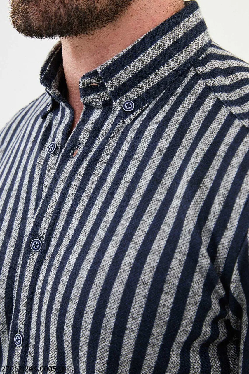 Gray - Navy Blue Striped Men's Casual Shirt.