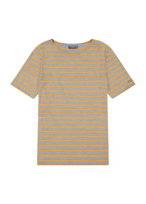 LEVANT MODERN - Breton Stripe Short Sleeve Shirt | Soft Cotton | Unisex Fit (DENIM / NEON ORANGE)