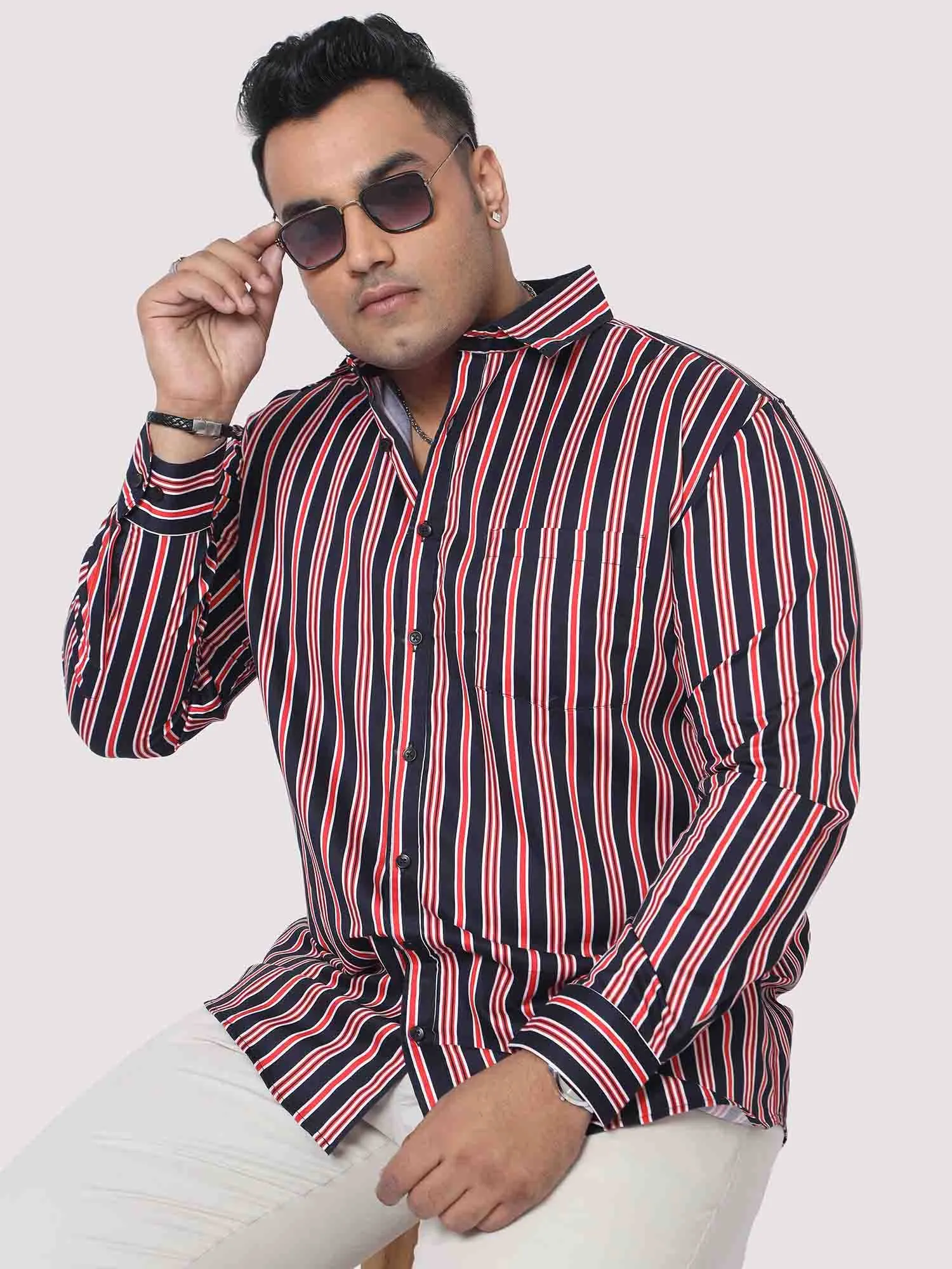 Men Plus Size Maroon & Blue Striped Digital Printed Full Shirt