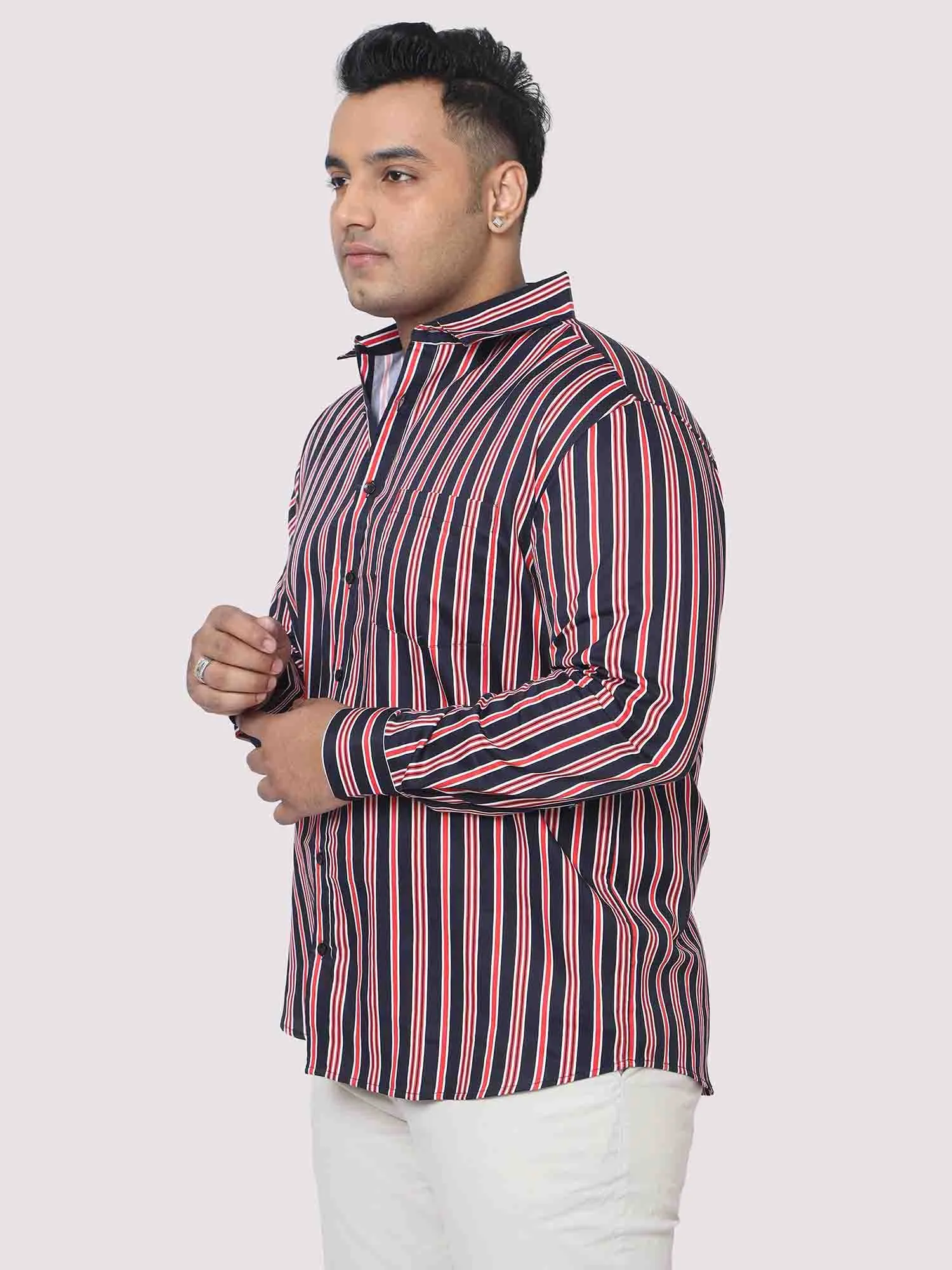 Men Plus Size Maroon & Blue Striped Digital Printed Full Shirt