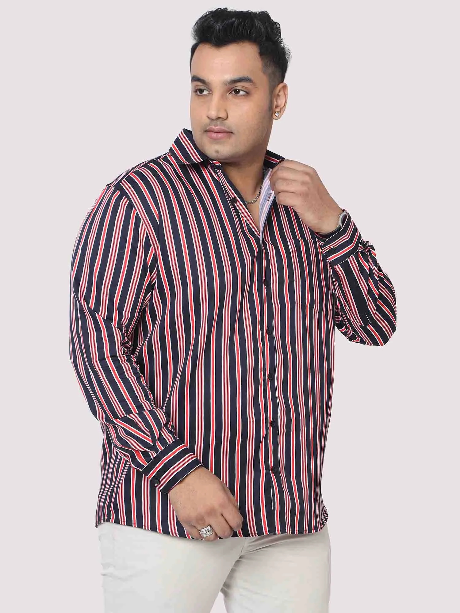 Men Plus Size Maroon & Blue Striped Digital Printed Full Shirt