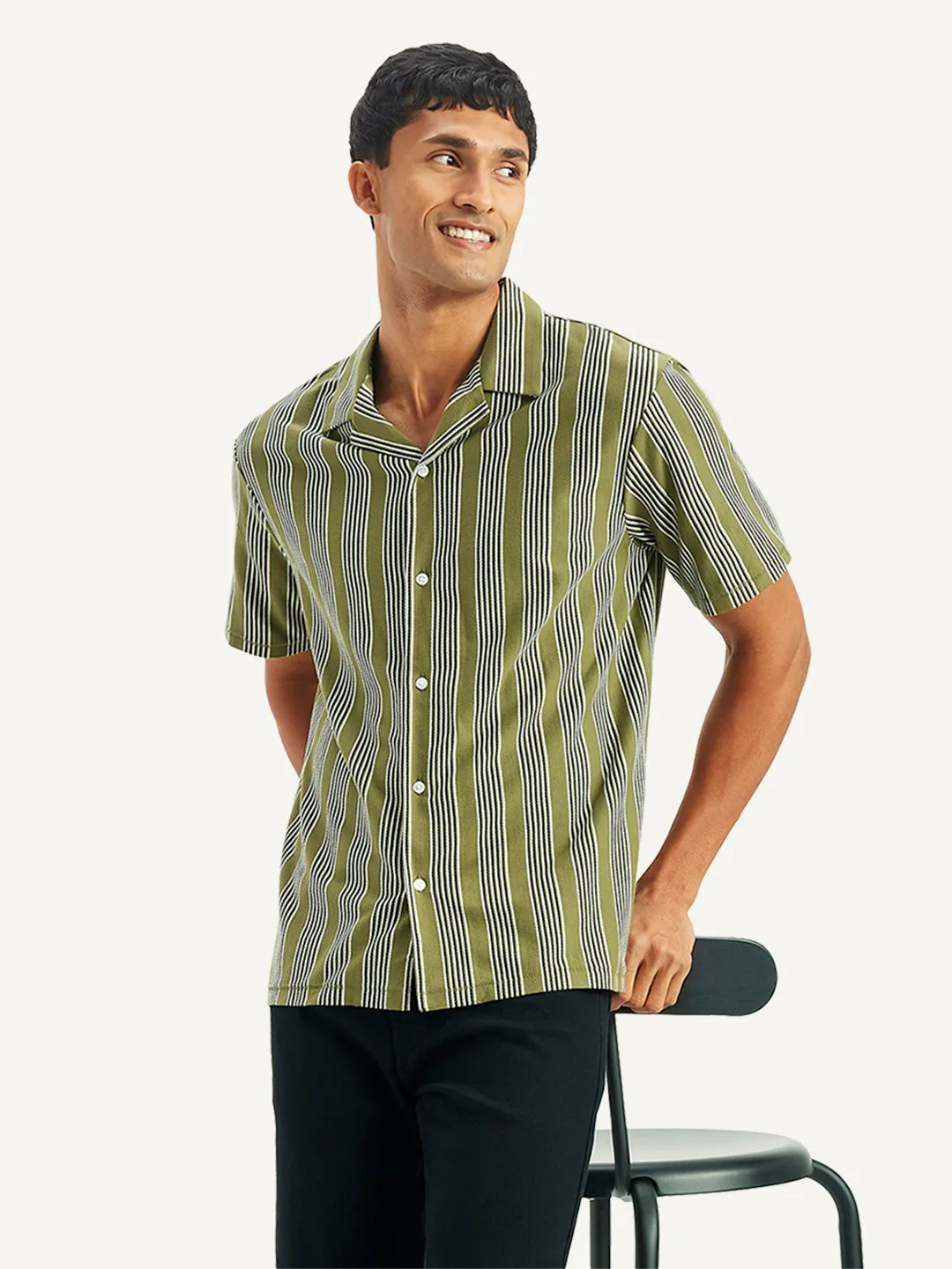 Men's Striped Regular Fit Camp Shirt