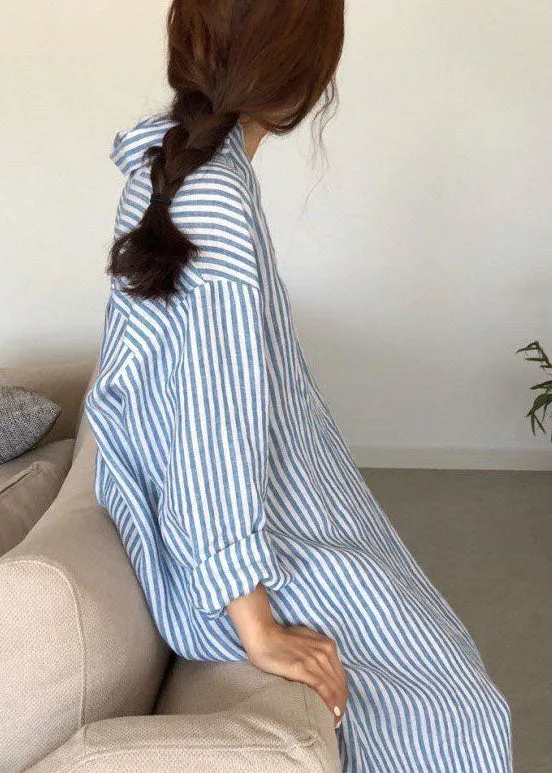 Modern Blue Peter Pan Collar Striped Cotton Shirts Dress Spring LY2654