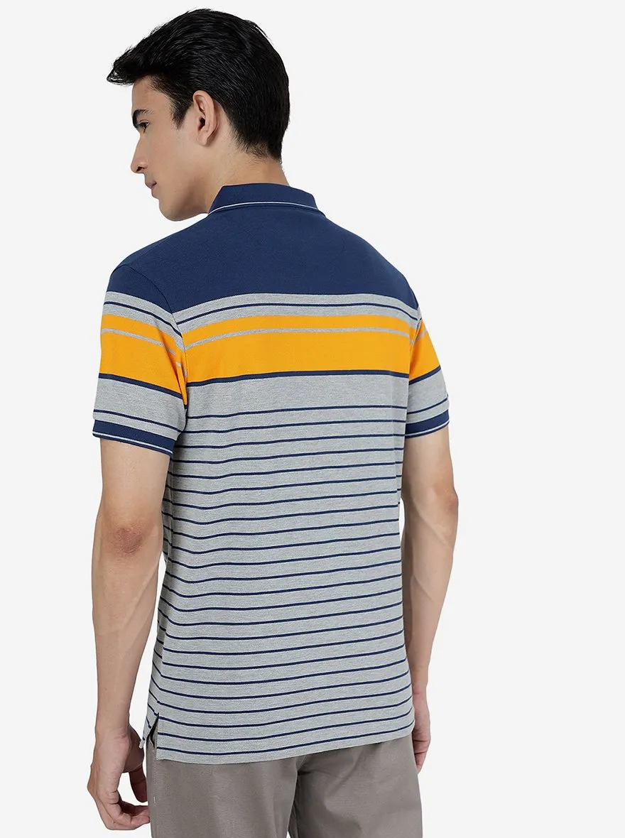 Navy & Grey Striped Slim Fit Polo T-Shirt | Greenfibre