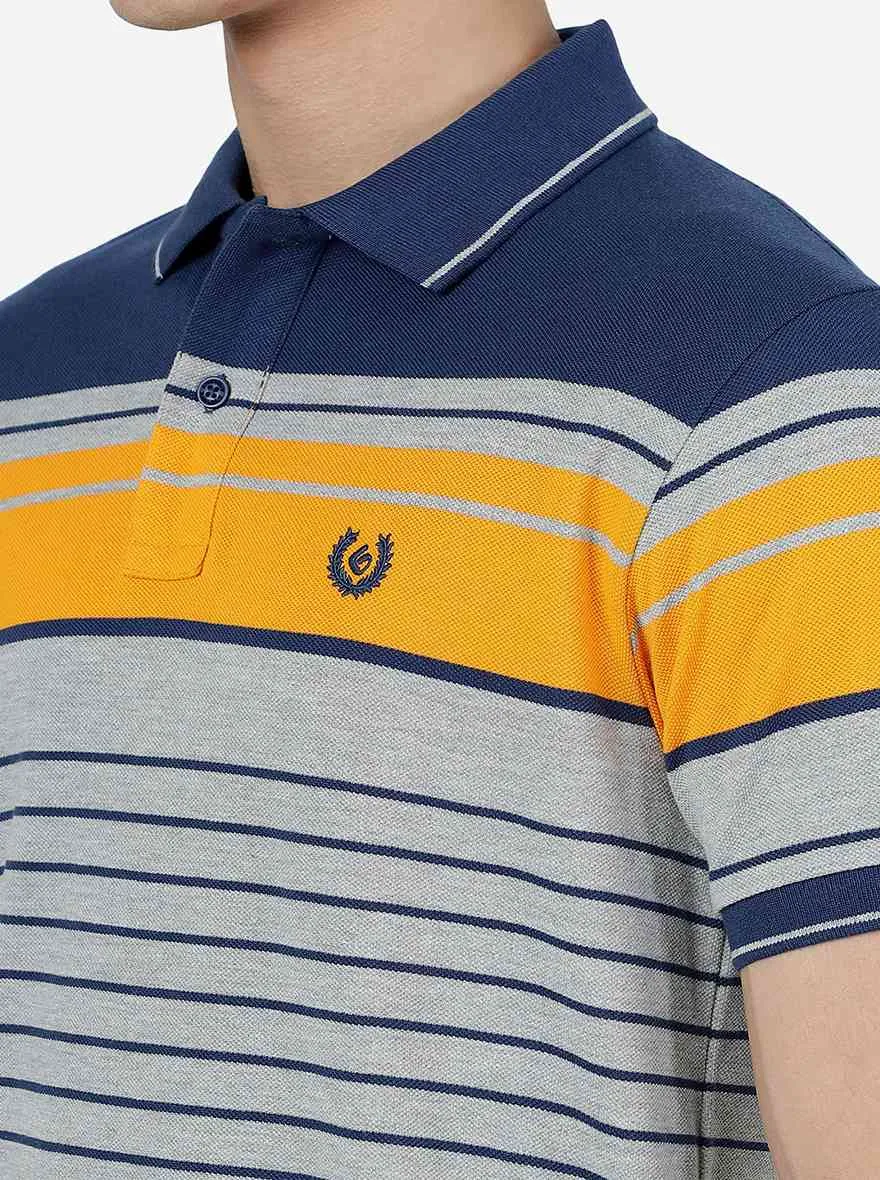 Navy & Grey Striped Slim Fit Polo T-Shirt | Greenfibre