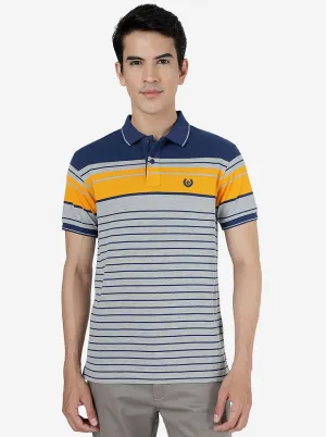 Navy & Grey Striped Slim Fit Polo T-Shirt | Greenfibre