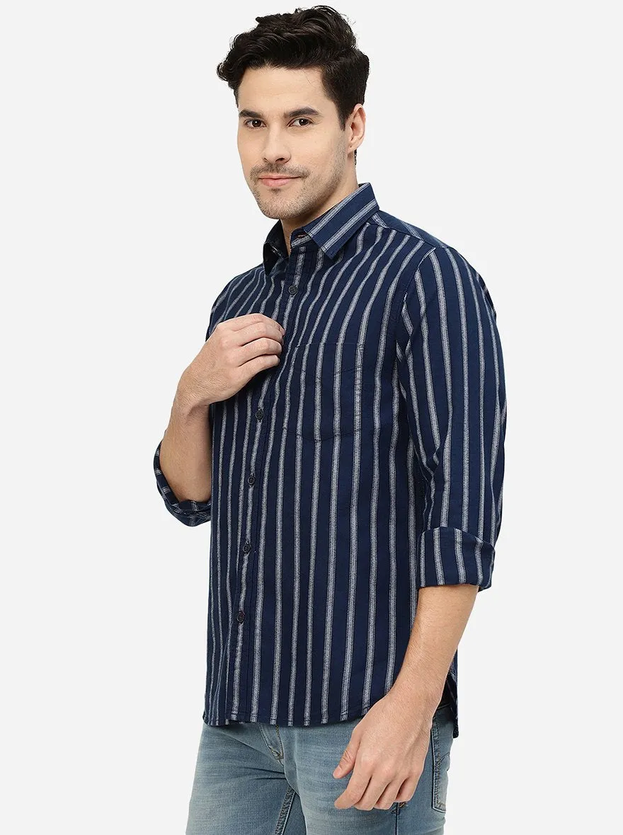 Navy Blue Striped Slim Fit Casual Shirt | Greenfibre