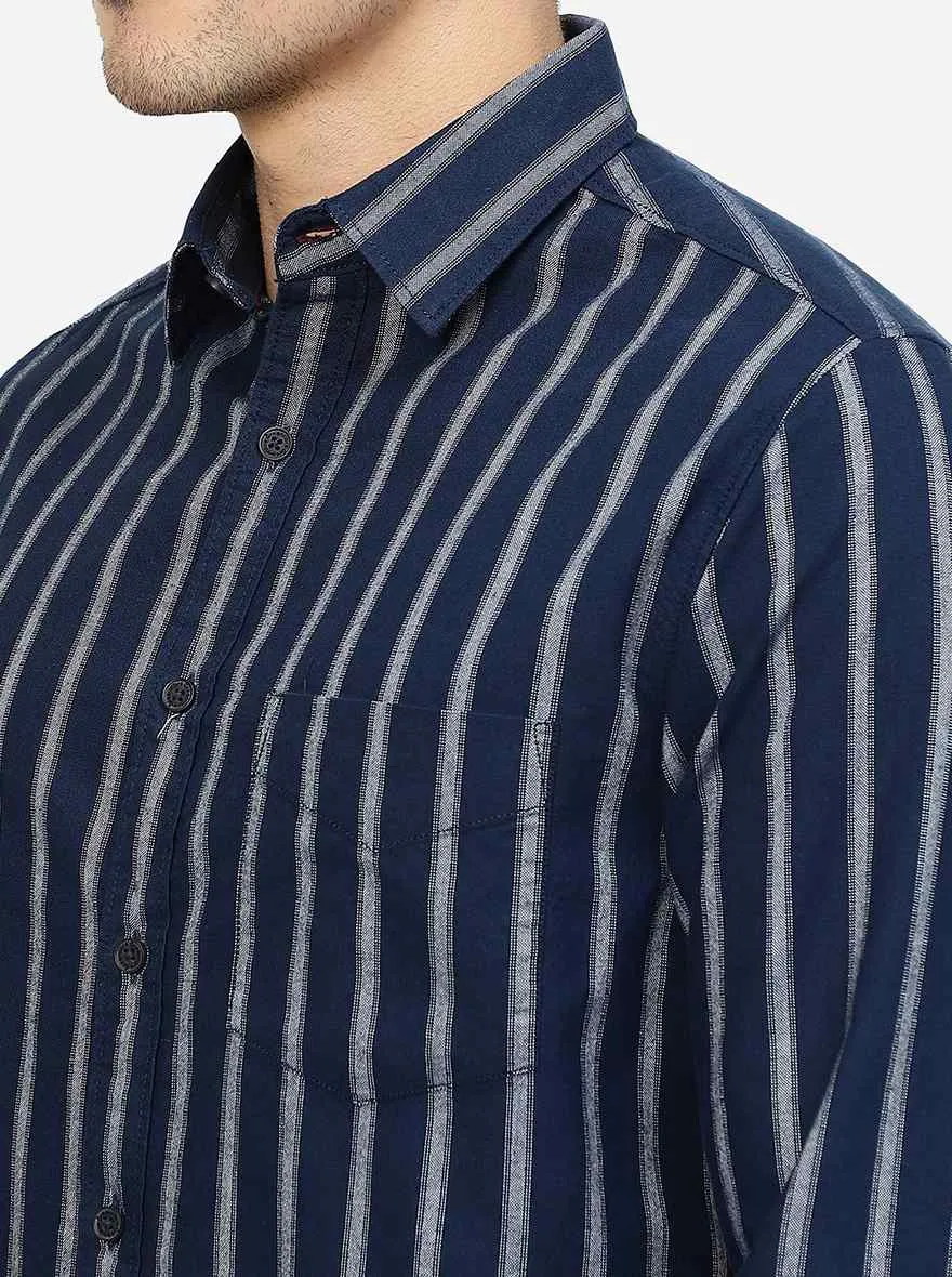 Navy Blue Striped Slim Fit Casual Shirt | Greenfibre