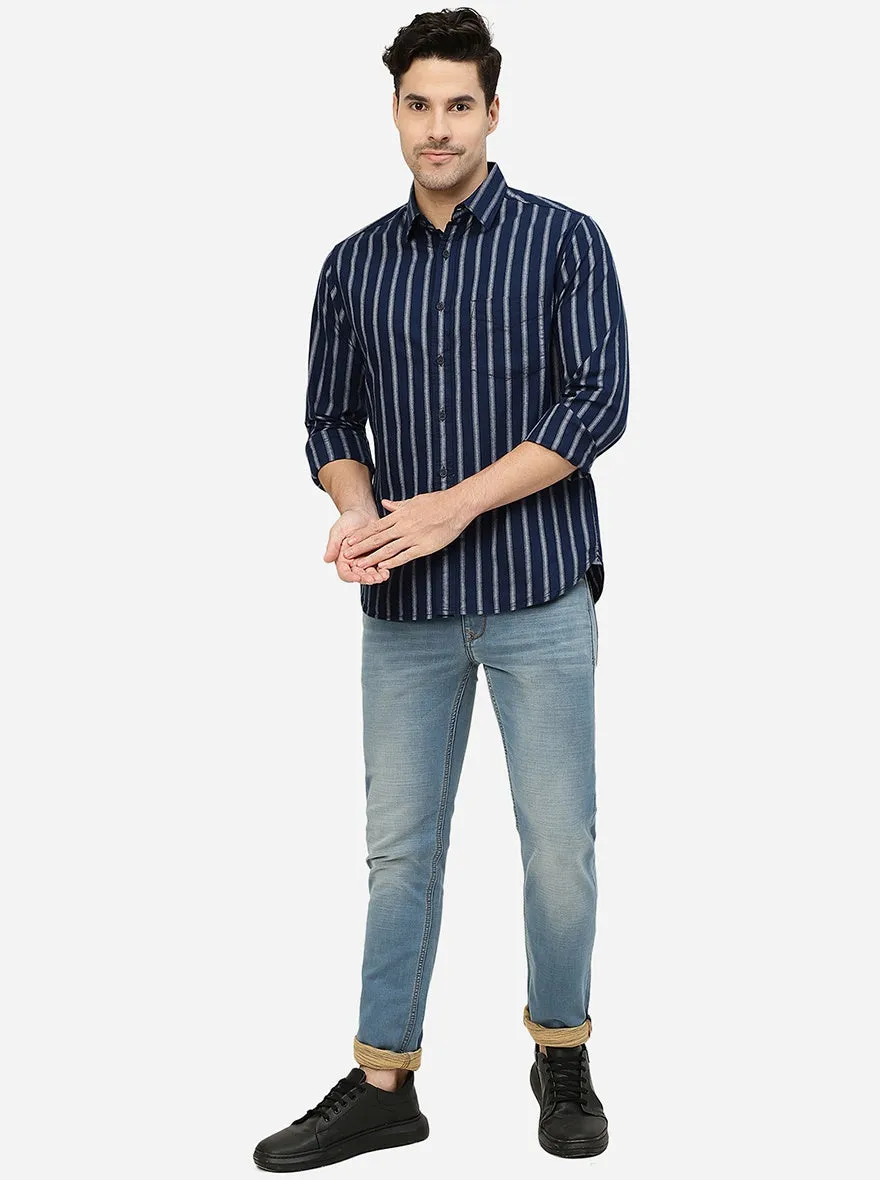 Navy Blue Striped Slim Fit Casual Shirt | Greenfibre