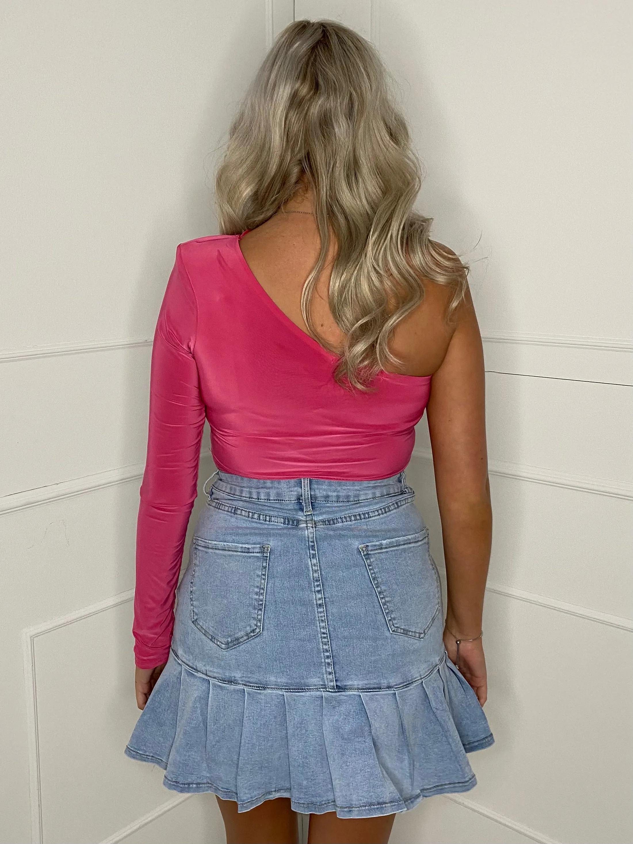 Pleated High Waisted Denim Skirt - Blue