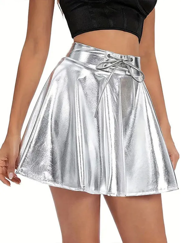 Pleated Shiny Solid Color Tied Waist A-line High Waisted Skirts Bottoms