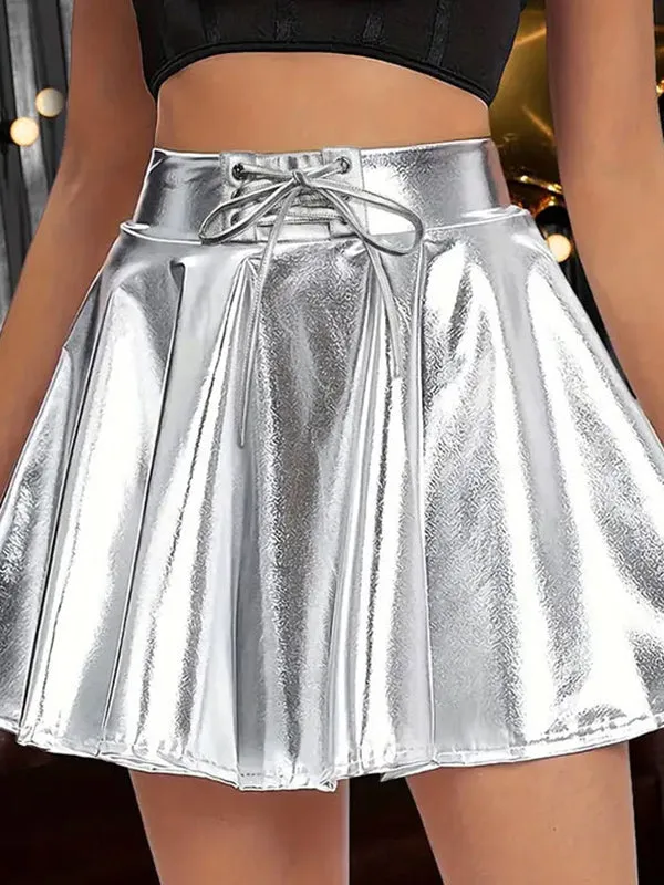 Pleated Shiny Solid Color Tied Waist A-line High Waisted Skirts Bottoms