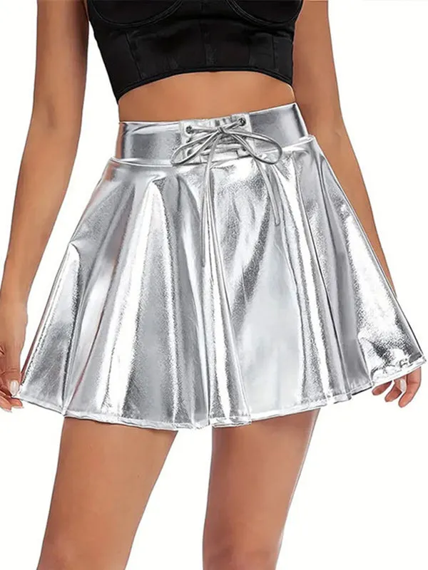 Pleated Shiny Solid Color Tied Waist A-line High Waisted Skirts Bottoms