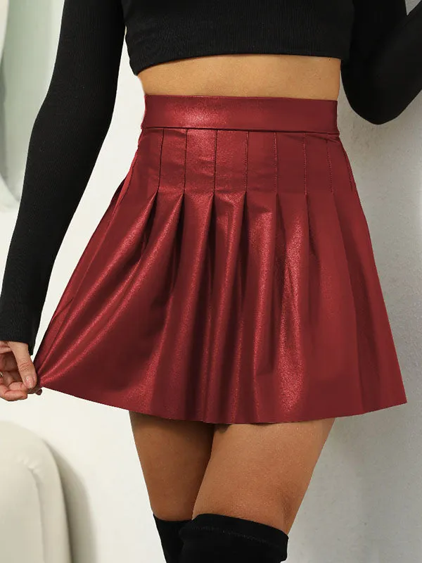 Pleated Solid Color Split-Joint A-line High Waisted Skirts